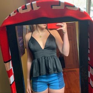 Open back black deep v neck tank